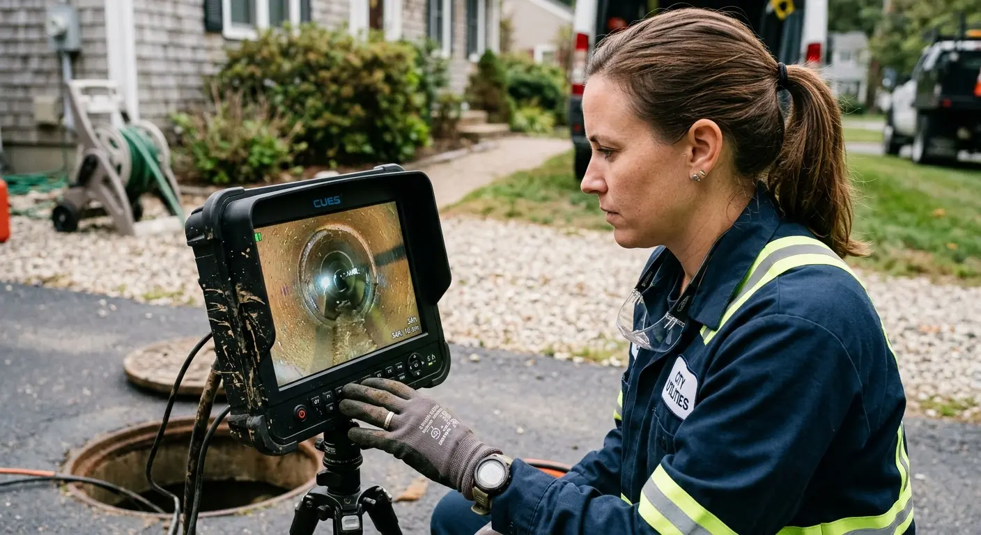 Technician reviewing sewer camera inspection footage in Hemet