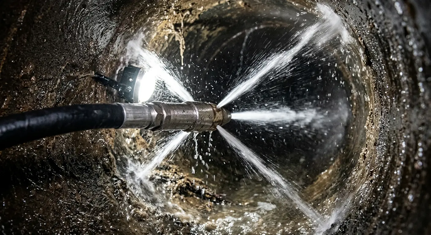 High-pressure hydro jetting nozzle cleaning sewer pipe for Trenchless Sewer Repair in Hemet