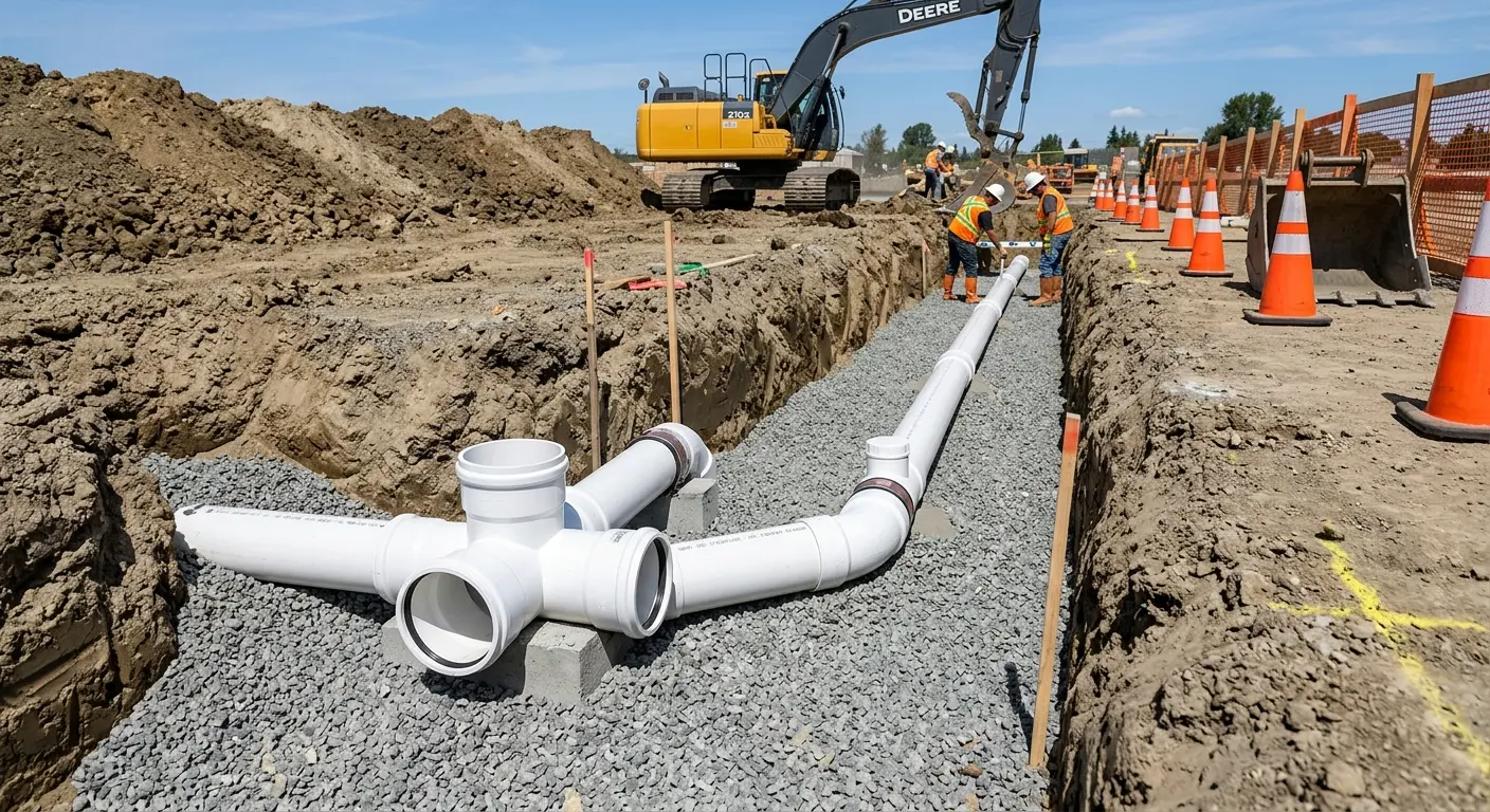 New PVC sewer pipe installation in open trench for Commercial Drain Cleaning in Hemet