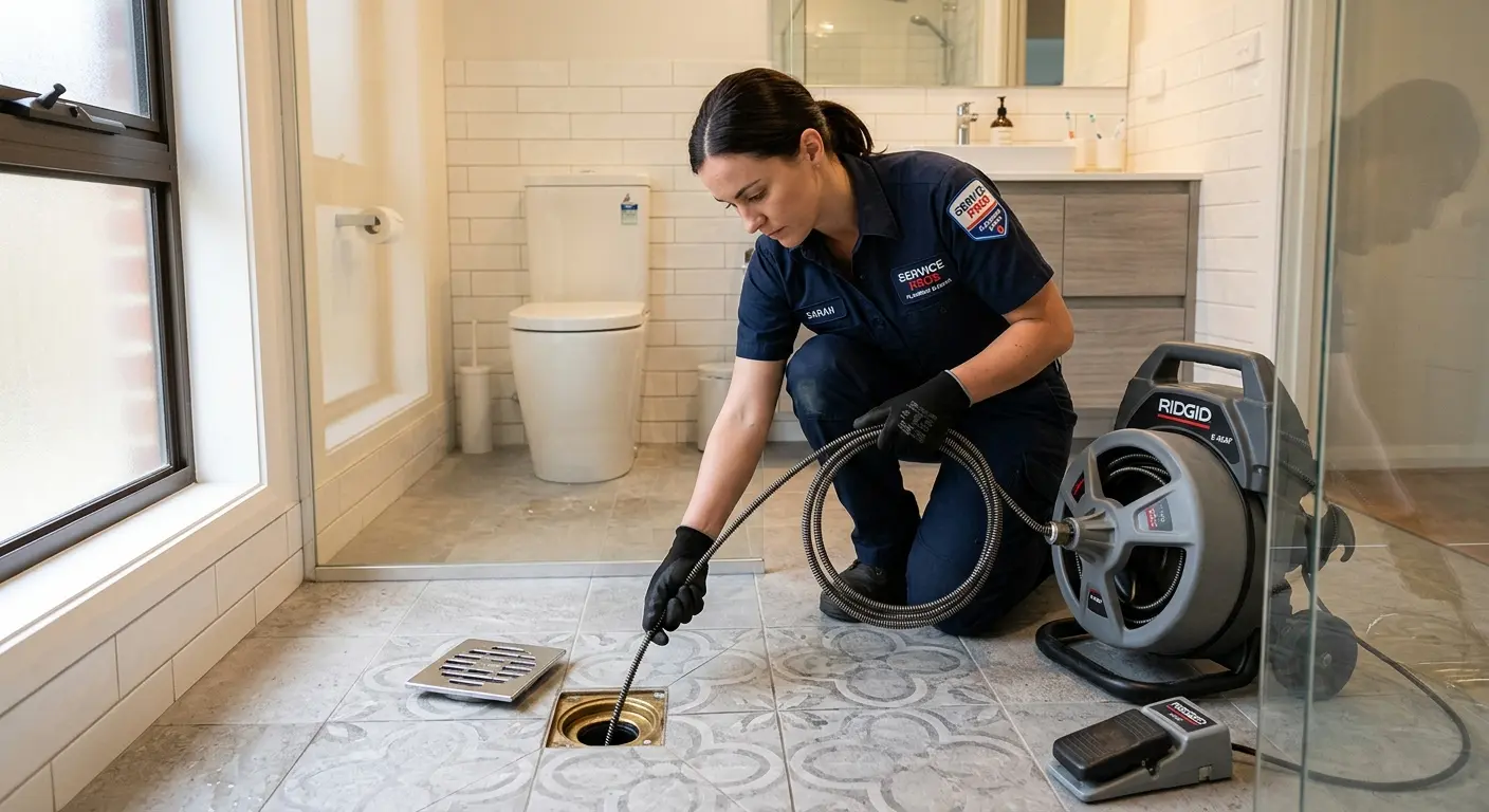 Technician clearing a bathroom floor drain for Hydro Jetting in Hemet